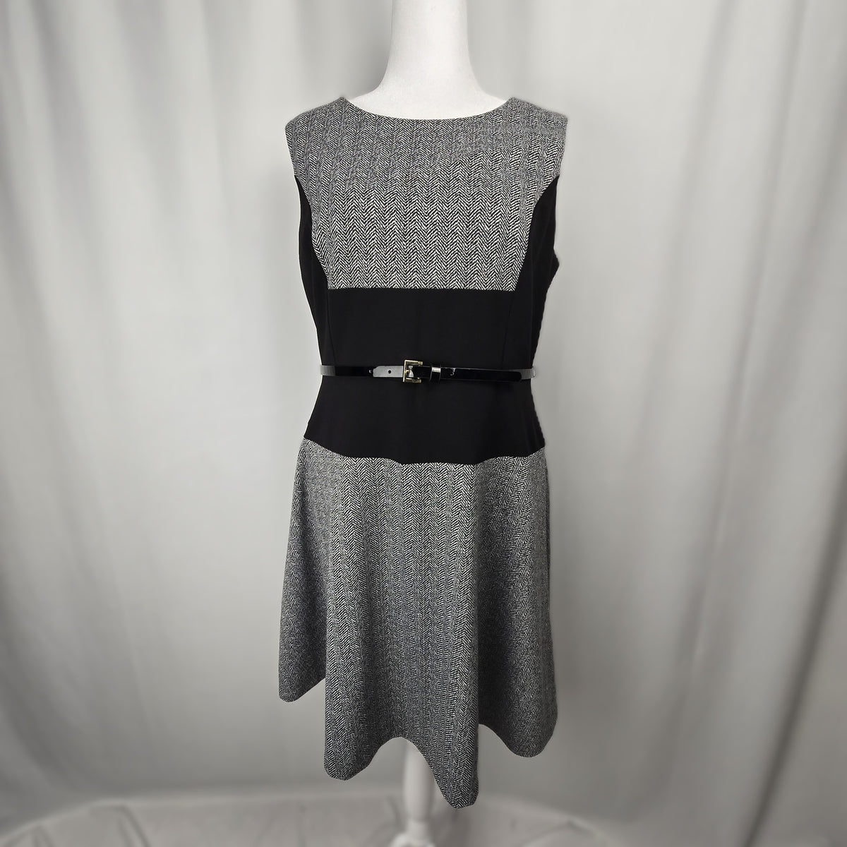 Tommy Hilfiger Houndstooth Fit & Flare Dress with Patent Belt | Size 14
