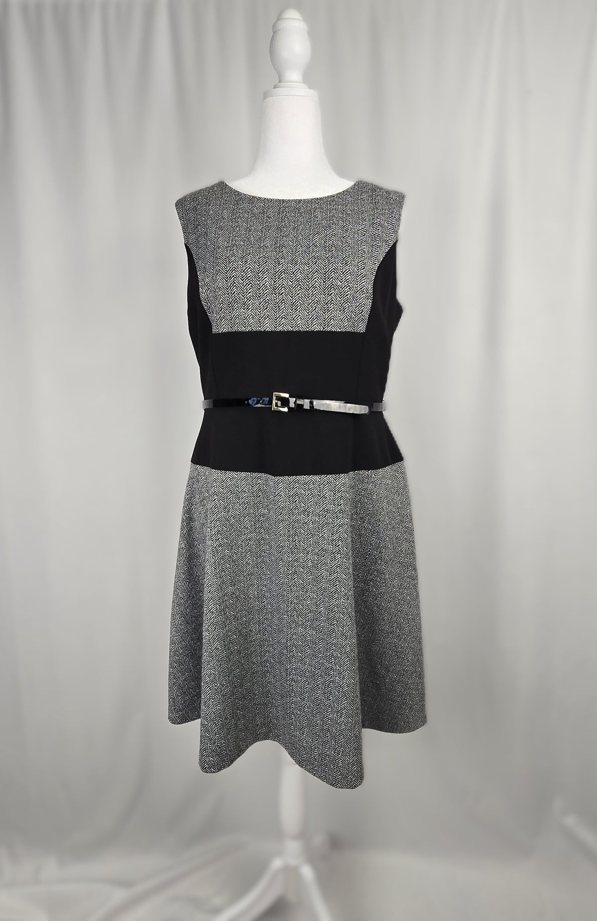 Tommy Hilfiger Houndstooth Fit & Flare Dress with Patent Belt | Size 14