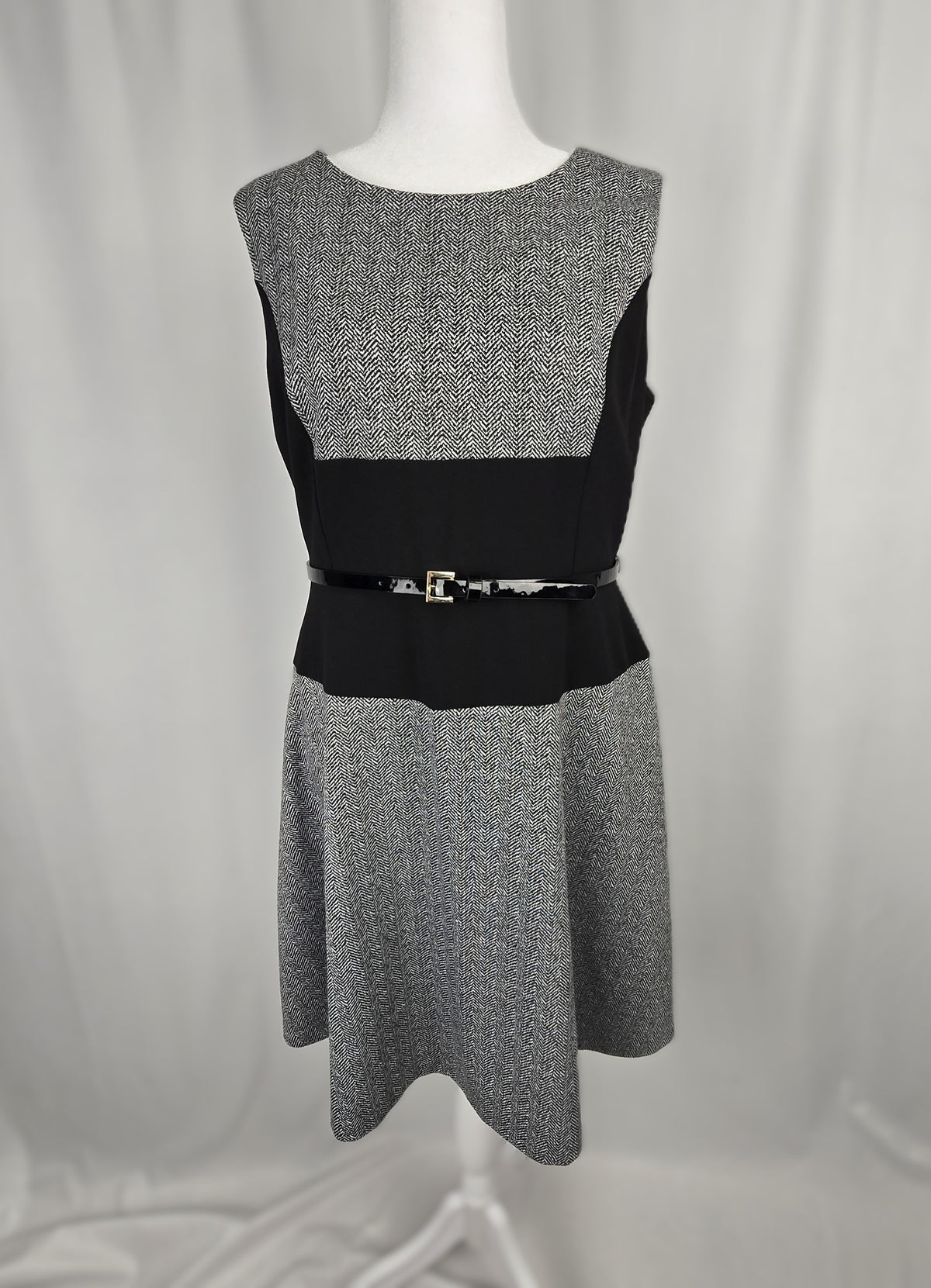 Tommy Hilfiger Houndstooth Fit & Flare Dress with Patent Belt | Size 14