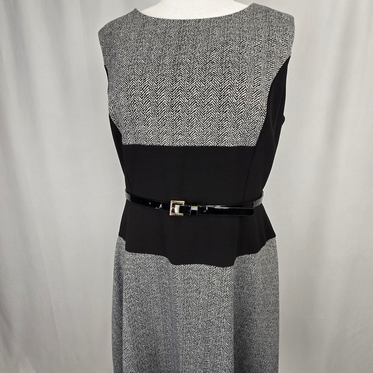 Tommy Hilfiger Houndstooth Fit & Flare Dress with Patent Belt | Size 14