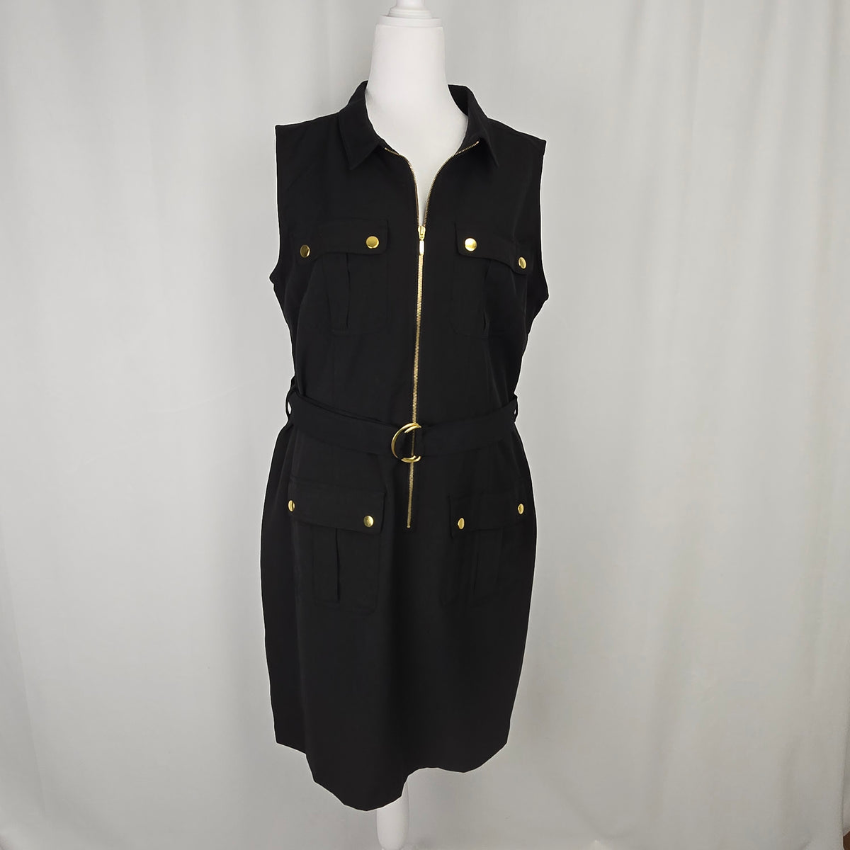 Sharagano Belted Utility Dress | Size 16 | Black with Gold Hardware
