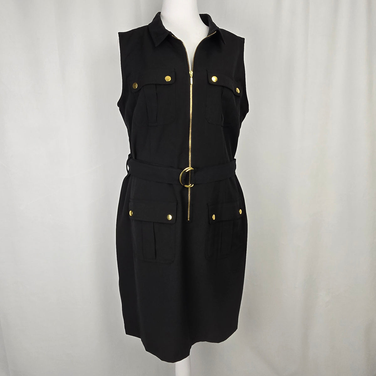 Sharagano Belted Utility Dress | Size 16 | Black with Gold Hardware