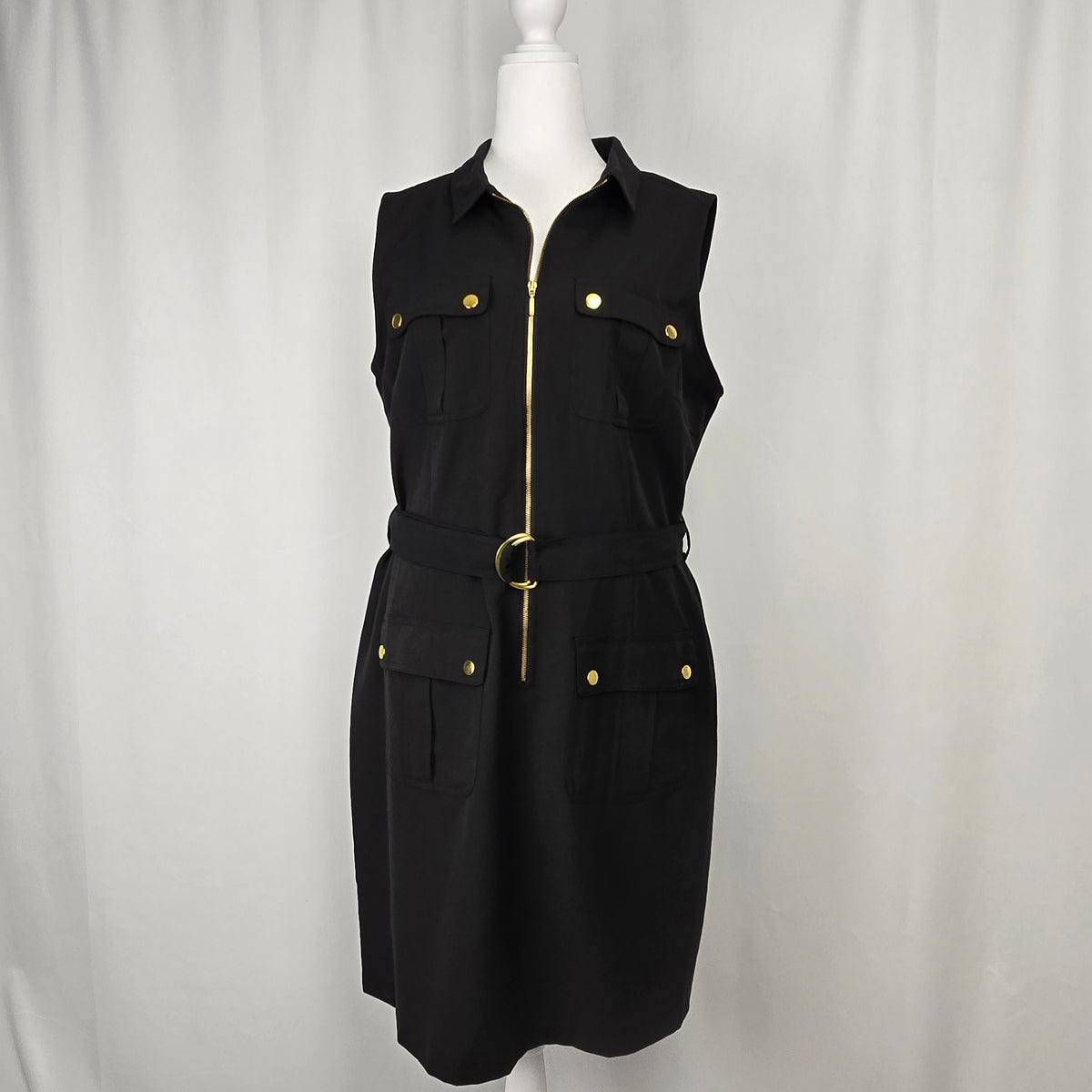 Sharagano Belted Utility Dress | Size 16 | Black with Gold Hardware