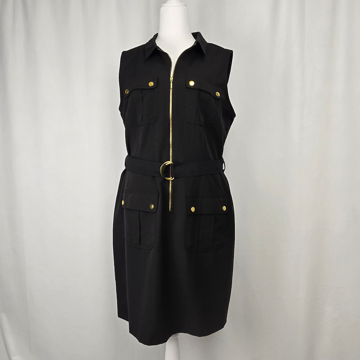 Sharagano Belted Utility Dress | Size 16 | Black with Gold Hardware