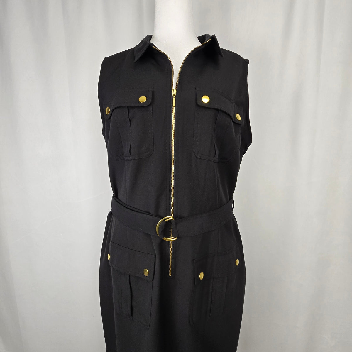 Sharagano Belted Utility Dress | Size 16 | Black with Gold Hardware