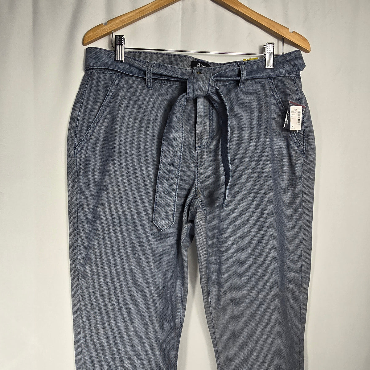 Reitmans NWT Petite Size 14 Light Blue Herringbone Stretch Cotton Jeans | Tie Waist Tapered Fit