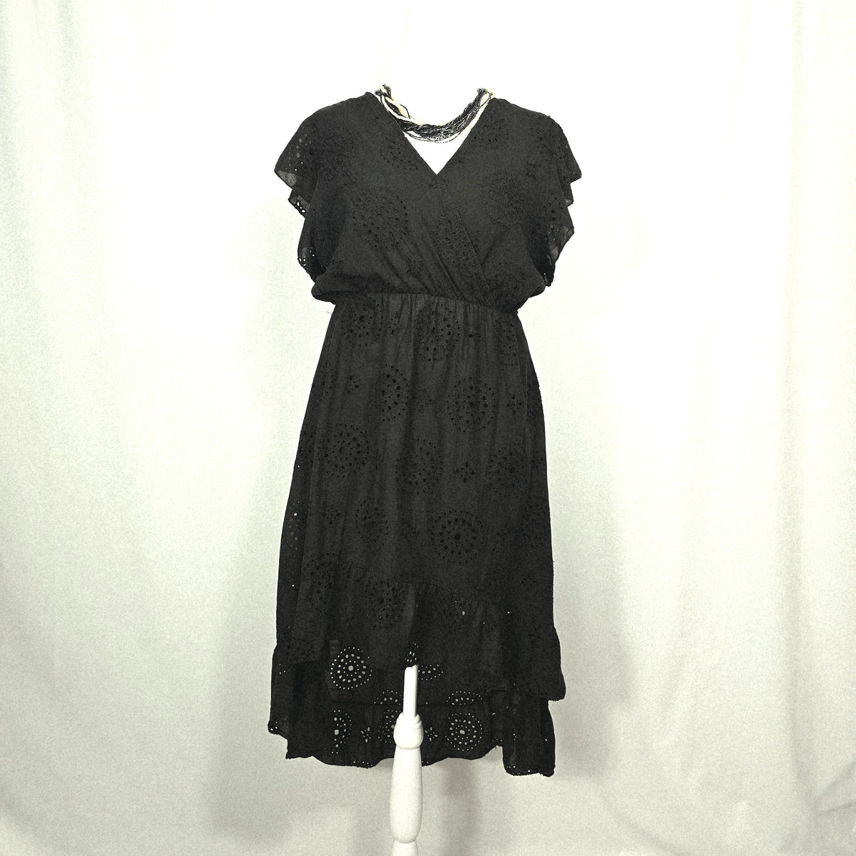 Valentina Naldi Made in Italy Black Cotton Eyelet High-Low Dress | Flutter Sleeves XL