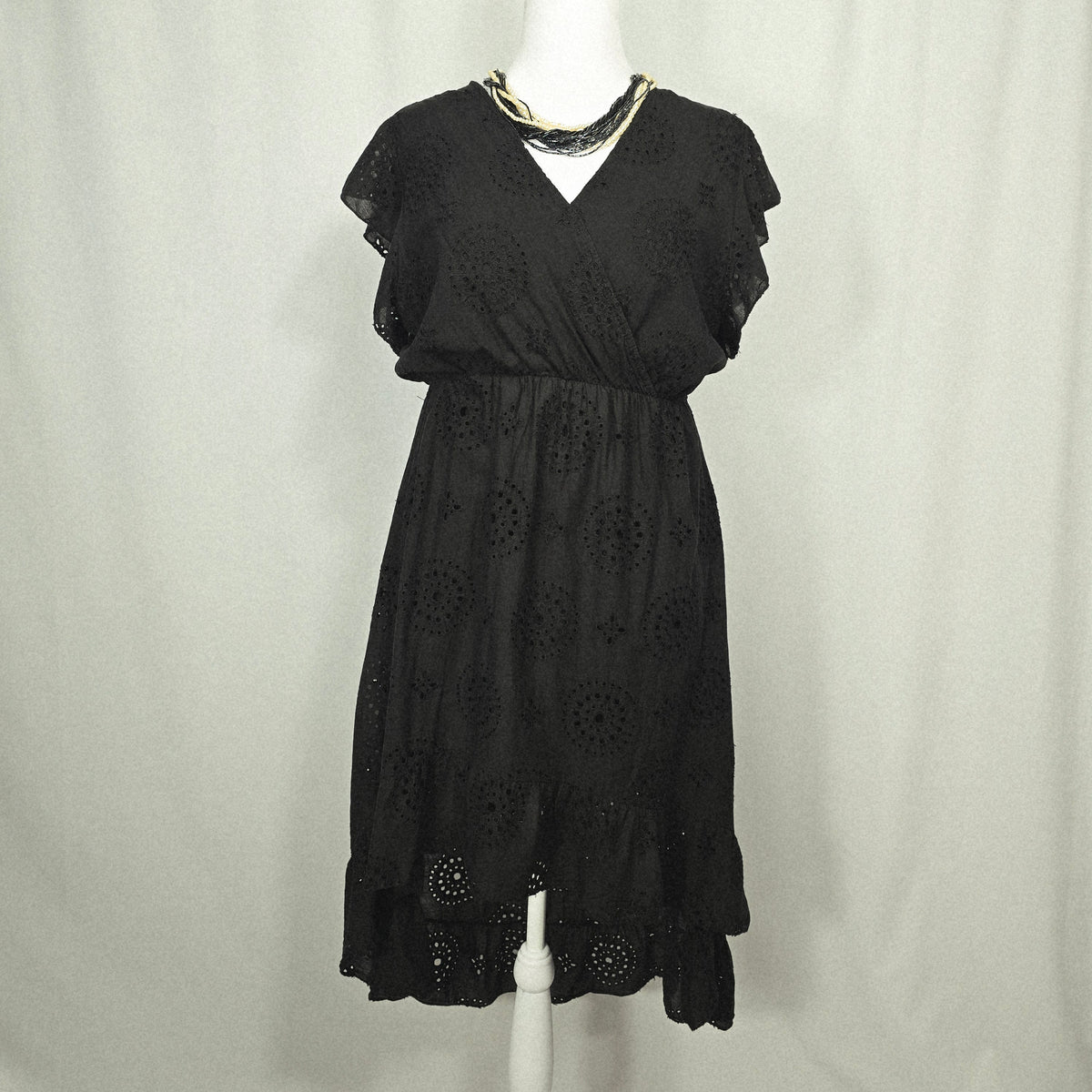 Valentina Naldi Made in Italy Black Cotton Eyelet High-Low Dress | Flutter Sleeves XL