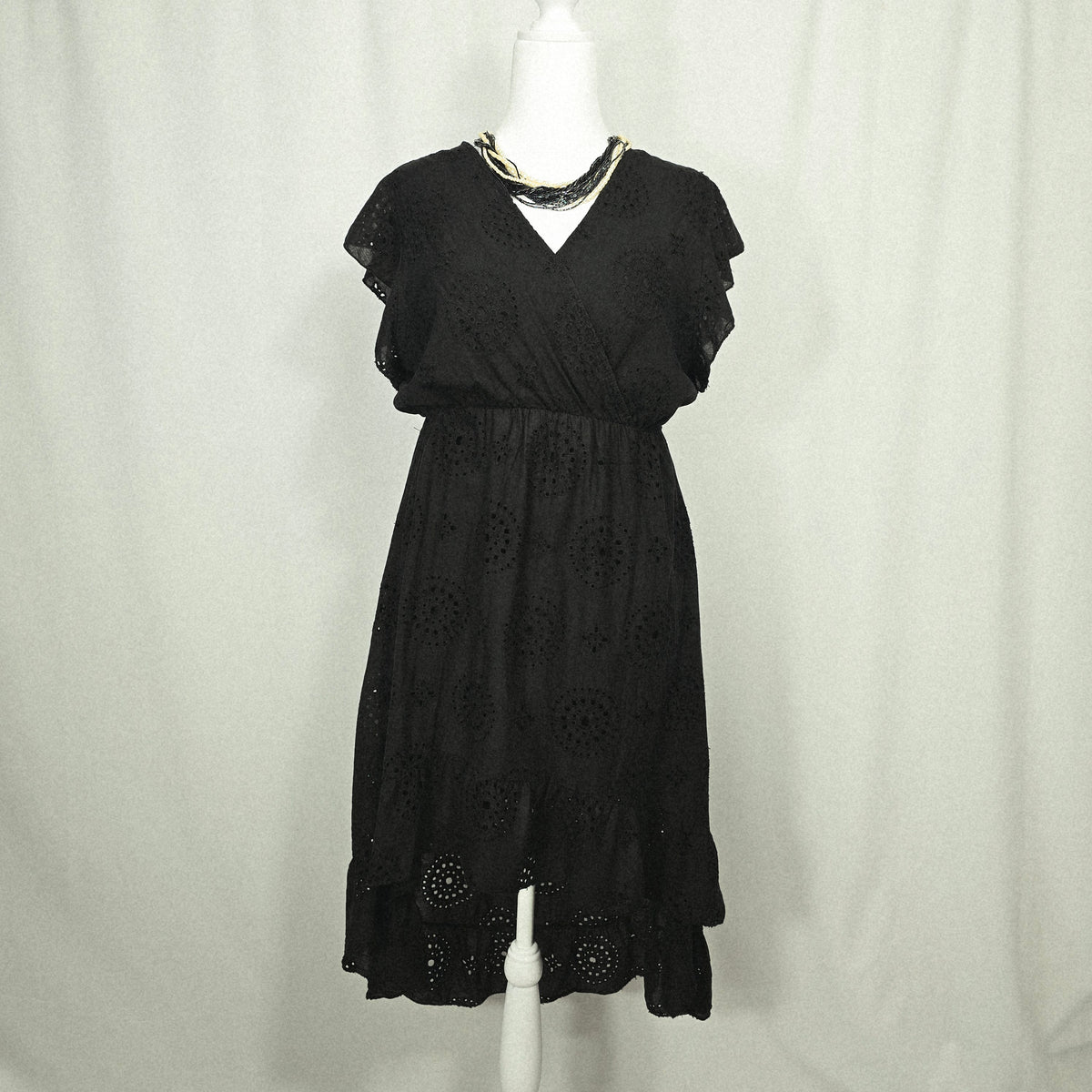 Valentina Naldi Made in Italy Black Cotton Eyelet High-Low Dress | Flutter Sleeves XL