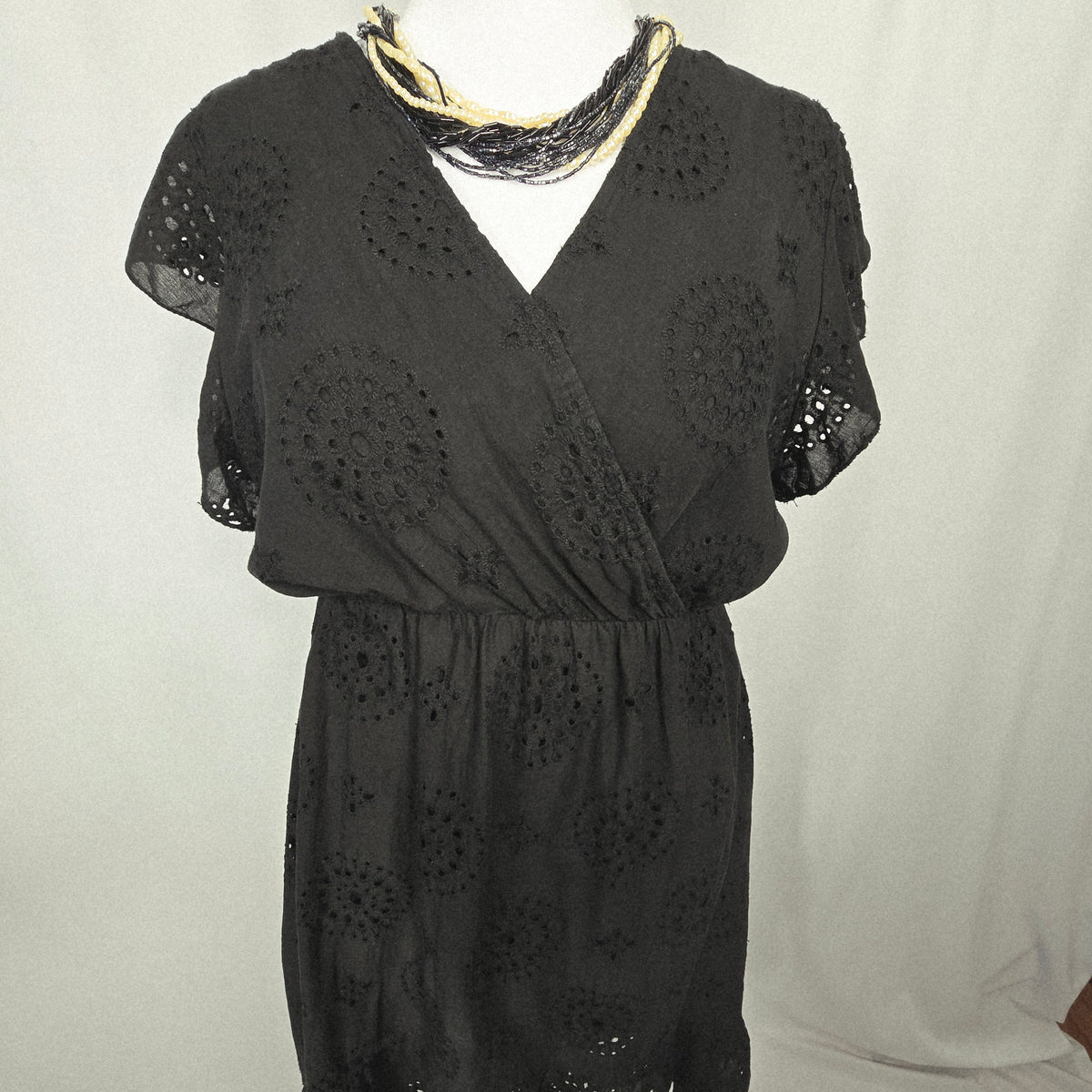 Valentina Naldi Made in Italy Black Cotton Eyelet High-Low Dress | Flutter Sleeves XL