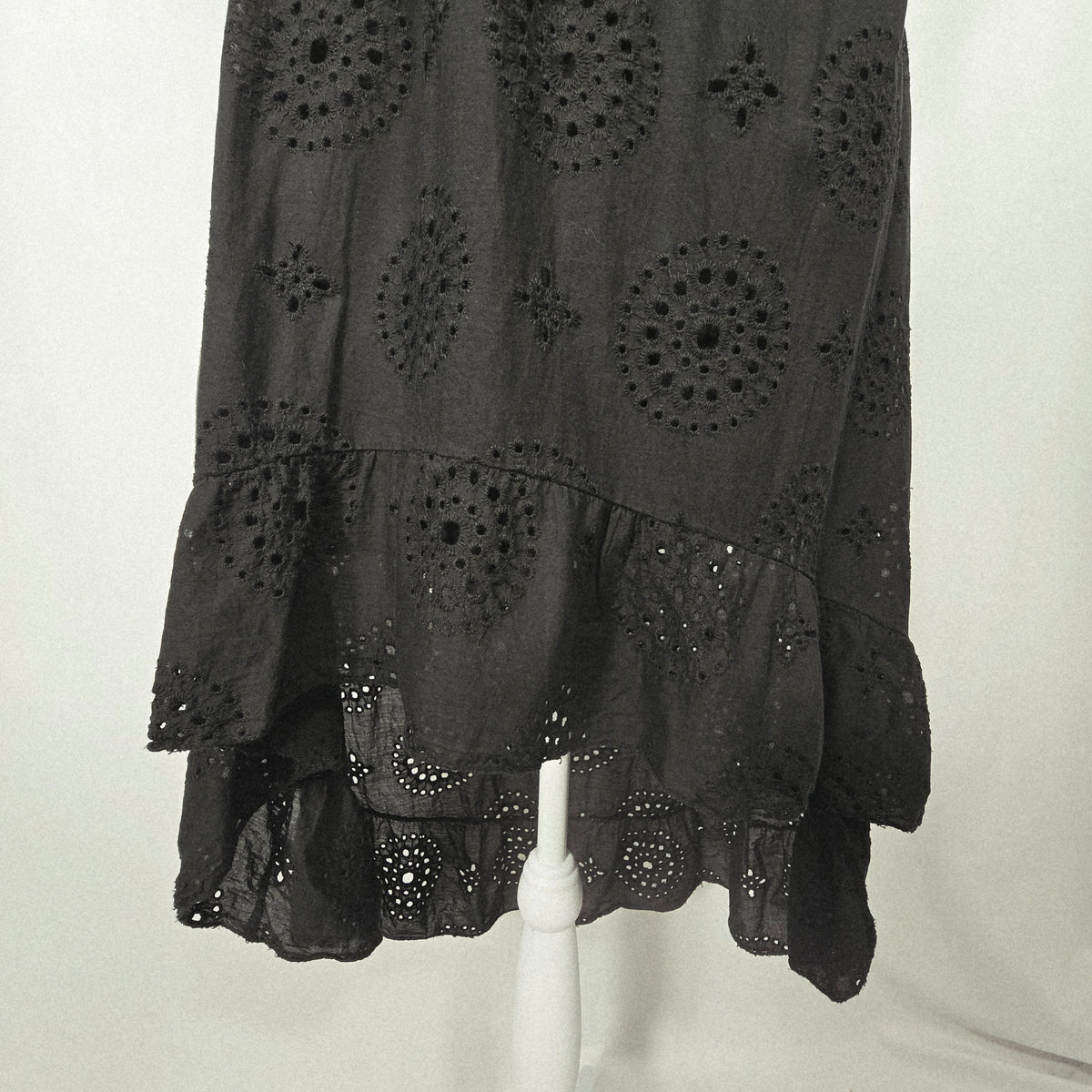 Valentina Naldi Made in Italy Black Cotton Eyelet High-Low Dress | Flutter Sleeves XL