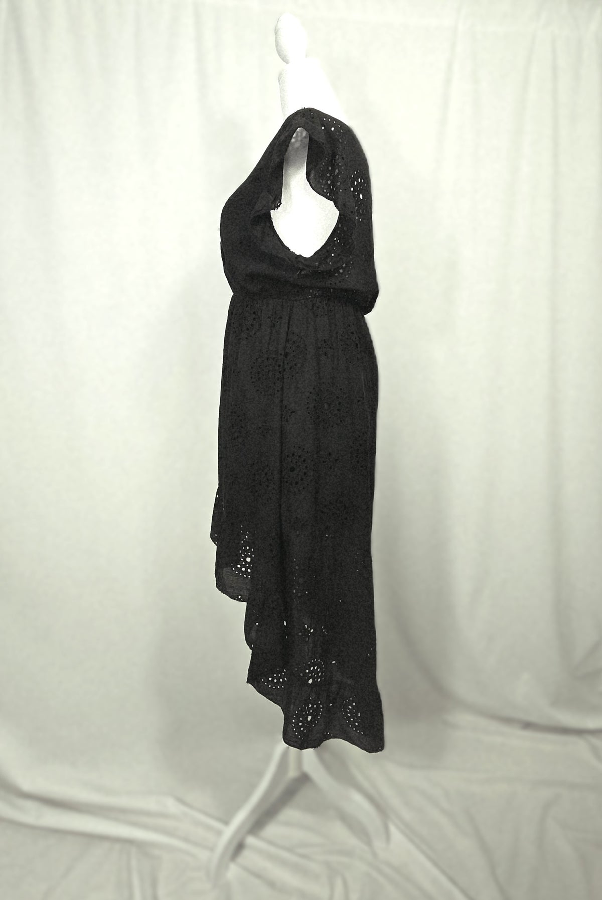 Valentina Naldi Made in Italy Black Cotton Eyelet High-Low Dress | Flutter Sleeves XL