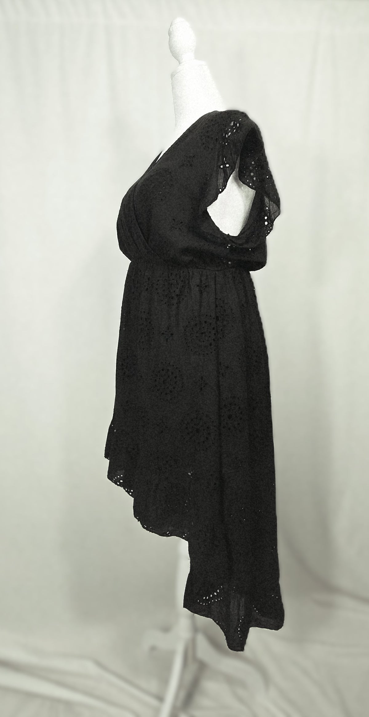 Valentina Naldi Made in Italy Black Cotton Eyelet High-Low Dress | Flutter Sleeves XL