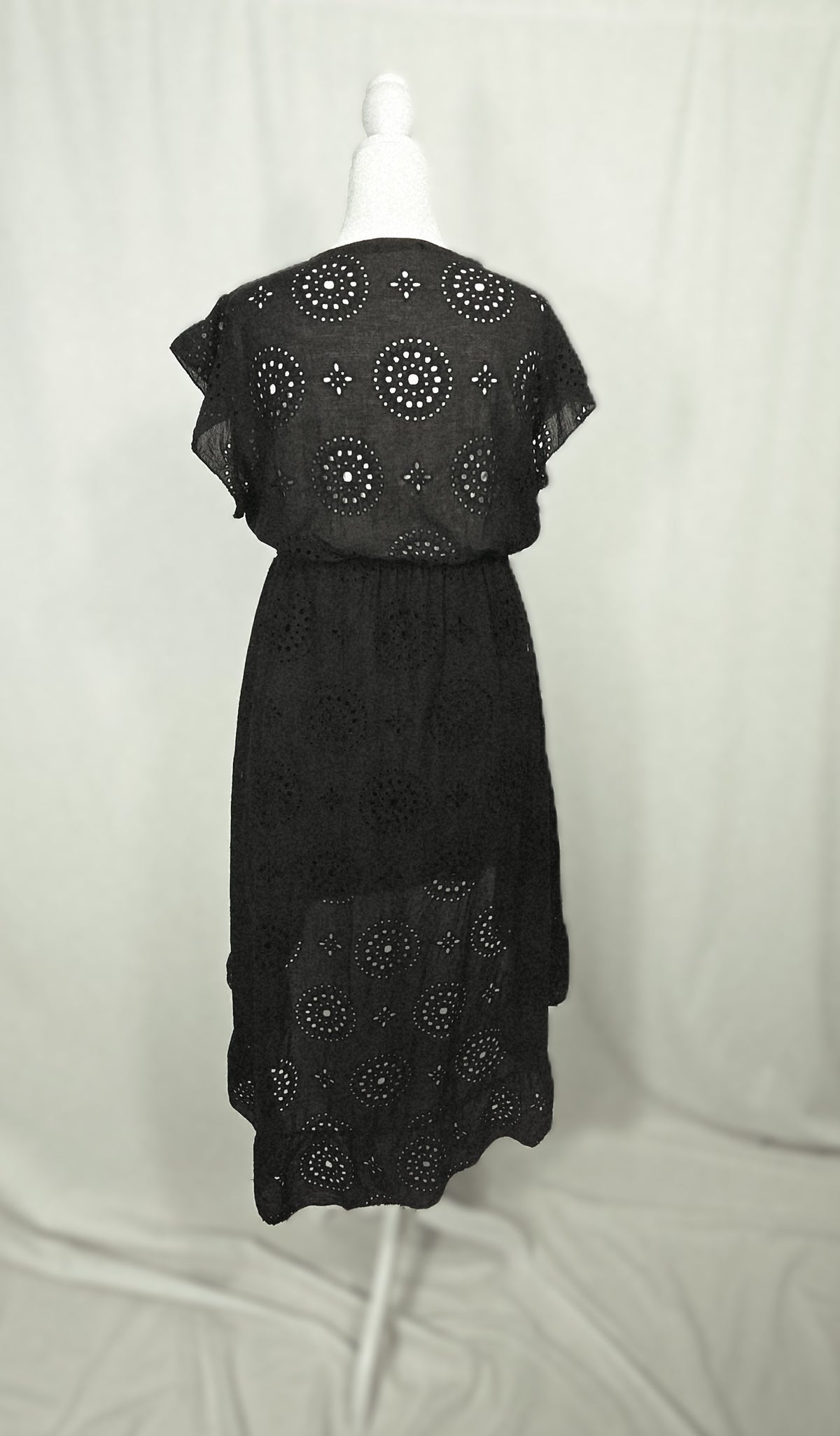 Valentina Naldi Made in Italy Black Cotton Eyelet High-Low Dress | Flutter Sleeves XL